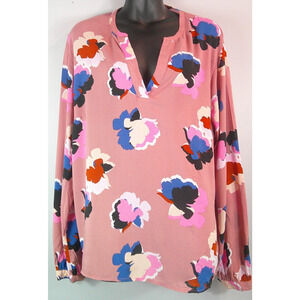 A New Day Floral Long Sleeve Blouse Women's V Neck Mauve Floral XXL